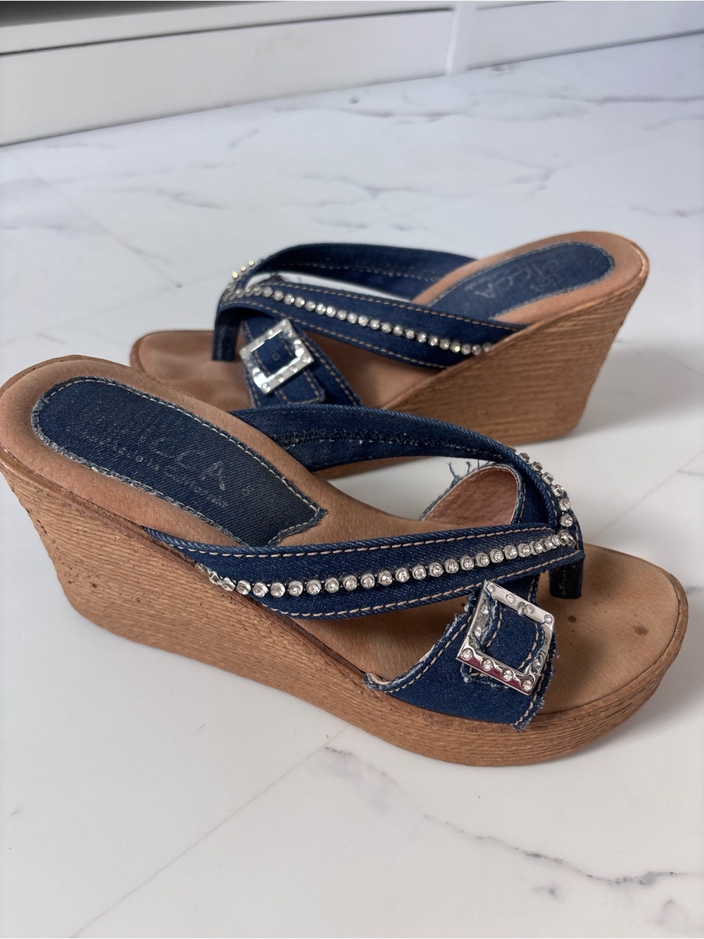 Vintage Y2K Sbicca Denim Thong Platform Wedge Sandals Rhinestone Size 9 Boho
